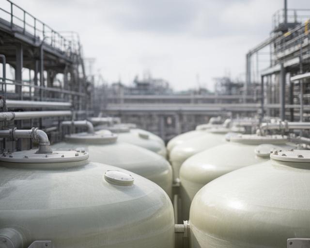 Tanques de almacenamiento de fibra de vidrio instalados en una planta industrial