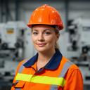 Retrato de Marisel Radivoy en un entorno industrial con casco y chaleco de trabajo
