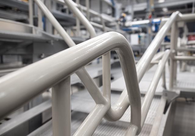 Pasamanos y escaleras industriales de fibra de vidrio en una plataforma técnica