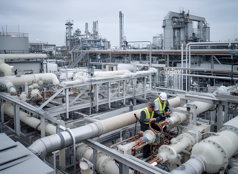 Vista de una planta industrial con componentes de fibra de vidrio instalados y personal técnico revisando terminaciones
