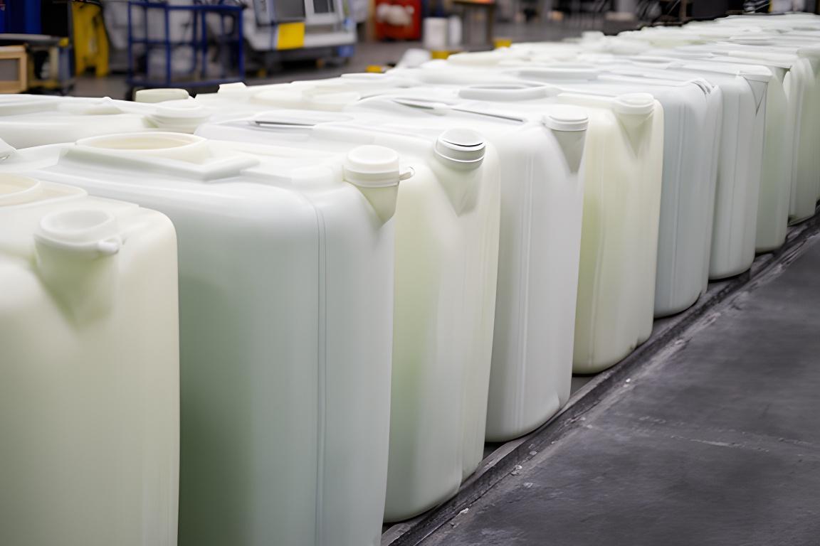 Fila de tanques de fibra de vidrio para agroquímicos en taller de fabricación con acabado uniforme
