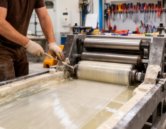 Operario fabricando una pieza de fibra de vidrio en un entorno industrial con molde y rodillos de laminado